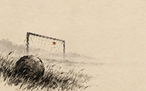 Ink painting of an old leather football in tall grass, a goal fading into the mist and one red maple leaf caught in the net