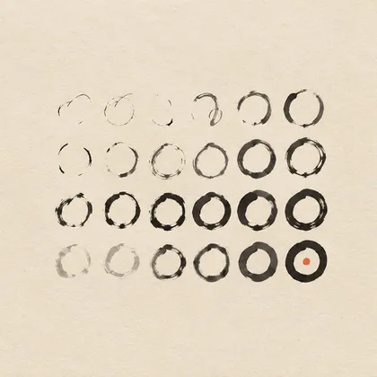 Rows of brushed ink circles, from faint and broken to bold and closed, the last one marked with a red dot