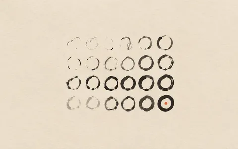 Rows of brushed ink circles, from faint and broken to bold and closed, the last one marked with a red dot