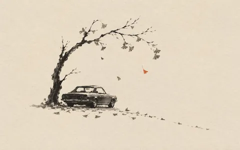 Ink drawing of a vintage car under a ginkgo branch, with fallen leaves forming a descending line and one red leaf still falling
