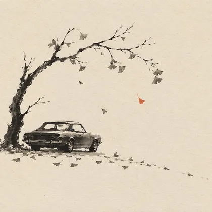 Ink drawing of a vintage car under a ginkgo branch, with fallen leaves forming a descending line and one red leaf still falling