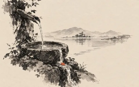 Ink drawing of a bamboo spout filling a stone basin; only a thin stream overflows toward a wide lake, carrying a red leaf