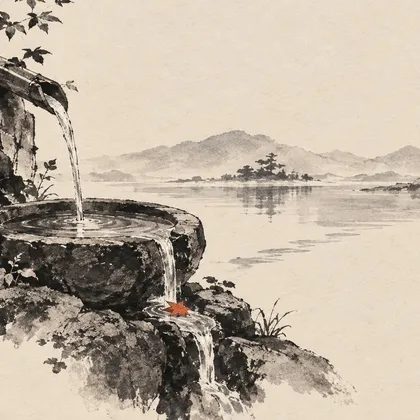 Ink drawing of a bamboo spout filling a stone basin; only a thin stream overflows toward a wide lake, carrying a red leaf